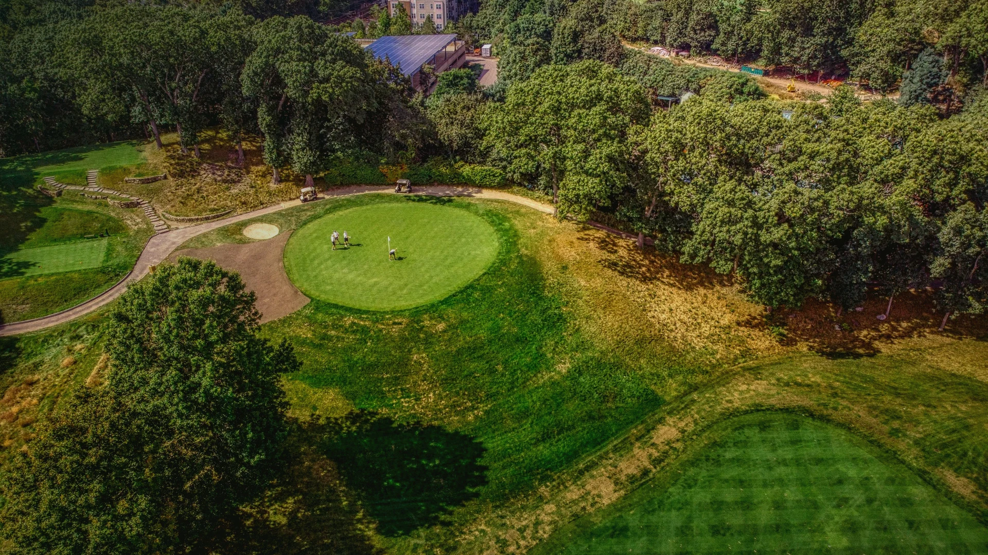An aerial perspective of a golf facility